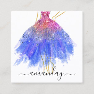 Fashion Designer Glitter Dress Logo QR Gold Blue Square Business Card