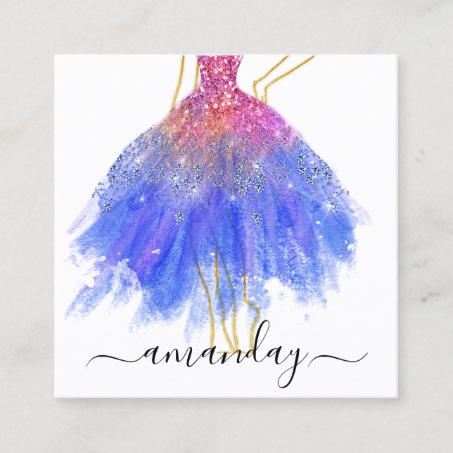 Fashion Designer Glitter Dress Logo QR Gold Blue Square Business Card (Front)