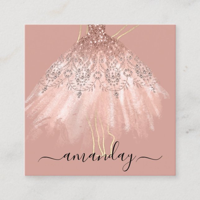 Fashion Designer Glitter Dress Logo QR Gold Rose Square Business Card (Front)