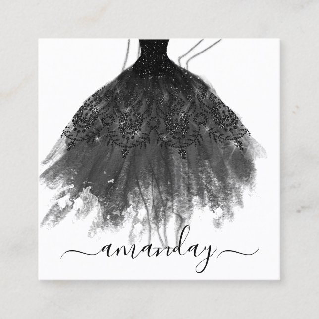 Fashion Designer Glitter Dress Logo QR Grey Black  Square Business Card (Front)