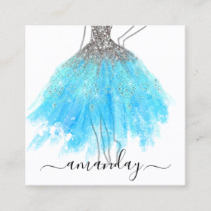 Fashion Designer Glitter Dress Logo QR Grey Blue Square Business Card