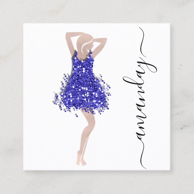 Fashion Designer Shop Blue Dress QRCode Logo White Square Business Card (Front)