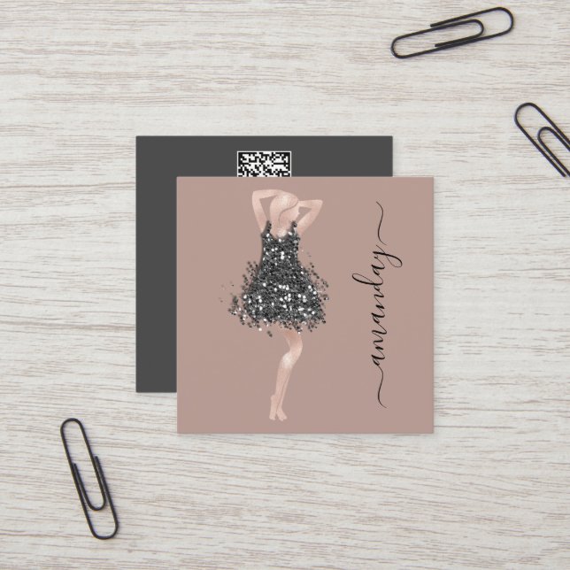 Fashion Designer Shop Dress QR Code Logo Rose Square Business Card (Front/Back In Situ)