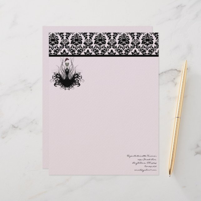 Fashion Diva 3 Pink Raspberry Monogram Damask Customized Letterhead (Front/Back In Situ)