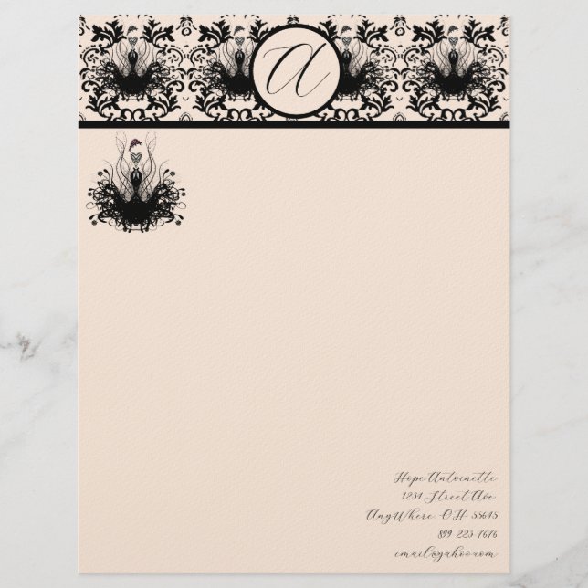 Fashion Diva Hot Pink Raspberry Monogram Damask Personalized Letterhead (Front)
