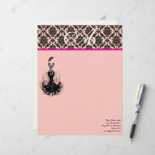 Fashion Diva Pink Raspberry Monogram Damask Custom Letterhead