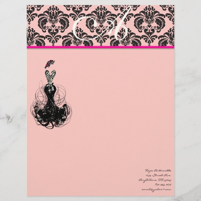 Fashion Diva Pink Raspberry Monogram Damask Letterhead Template (Front)