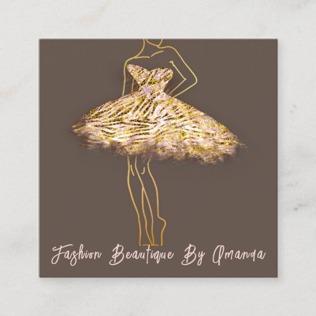 Fashion Dress Logo QR Code Brown Rose Gold Dress Square Business Card (Front)