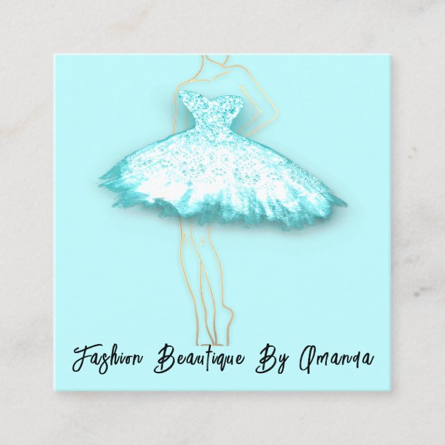 Fashion Dress Logo QR Code Glitter Blue Dress Aqua Square Business Card (Front)