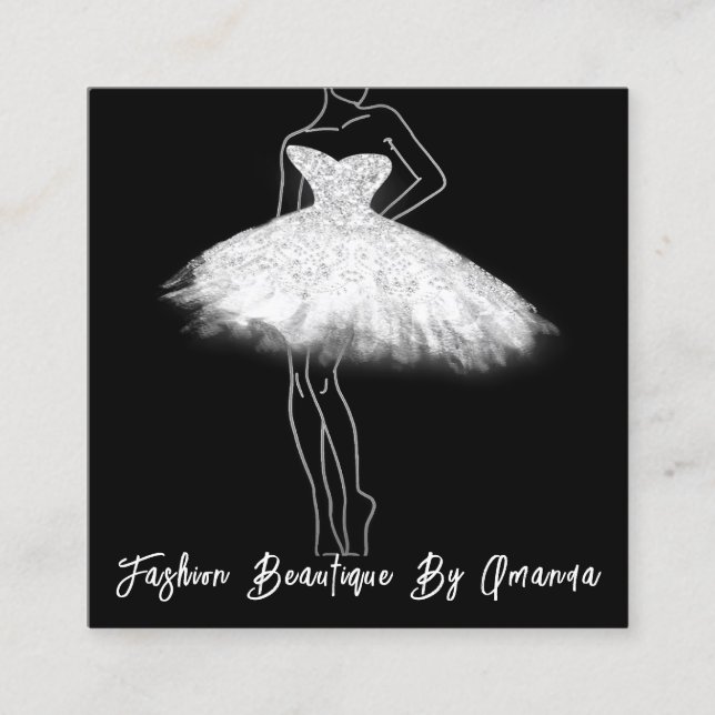Fashion Dress Logo QR Code Glitter Grey Silver Square Business Card (Front)