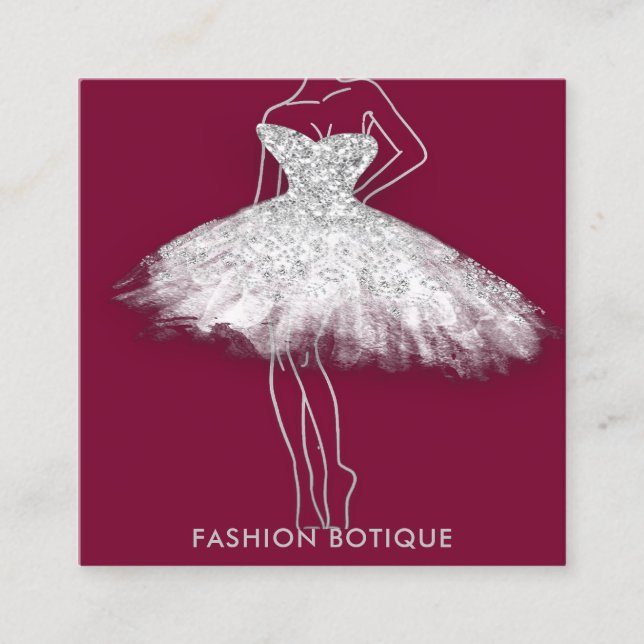 Fashion Dress Silver Logo QR Stylist Body Botique Square Business Card (Front)