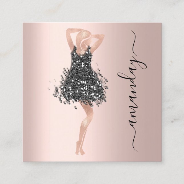 Fashion Event Shop Rose Black Dress QR Code  Square Business Card (Front)