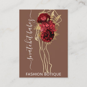 Fashion Floral Brown Gold Logo QR Stylist Body Business Card