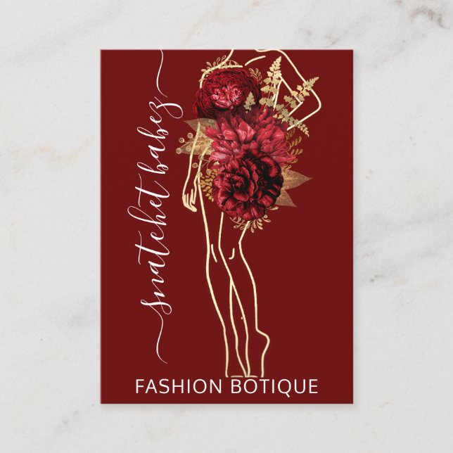 Fashion Floral Burgundy Logo QR Stylist Body Business Card (Front)