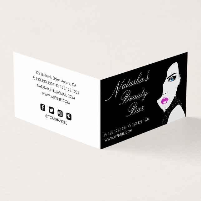 Fashion Girl Black Pink Beauty Bar Business Card (Outside)