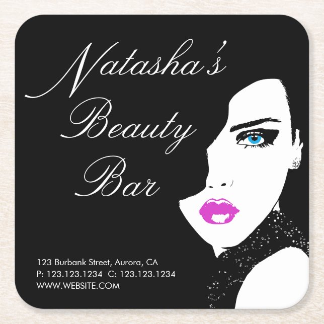 Fashion Girl Black Pink Beauty Bar Square Paper Coaster (Front)