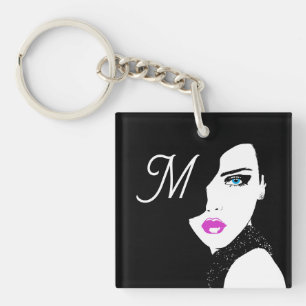 Fashion Girl Black Pink Blue Key Ring