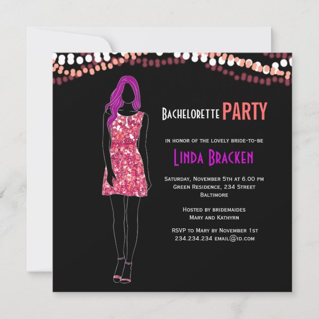 Fashion Girl Dress Lights Bachelorette Invite (Front)