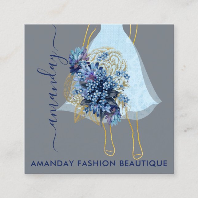 Fashion Gold Blue Dress Logo QRCode Floral  Square Business Card (Front)