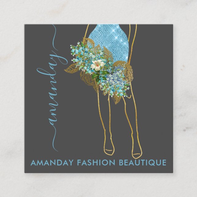 Fashion Gold Blue Dress Logo QRCode Floral Wreath Square Business Card (Front)