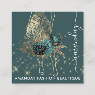 Fashion Gold Red Dress Logo QRCode Custom Green Square Business Card