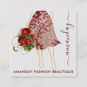 Fashion Gold Red Dress Logo QRCode Floral Square Business Card