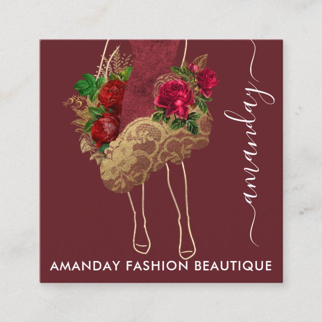 Fashion Gold Red Dress Logo QRCode Wreath Marsala Square Business Card (Front)