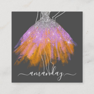 Fashion Grey Glitter Dress Logo QR Stylist Orange Square Business Card