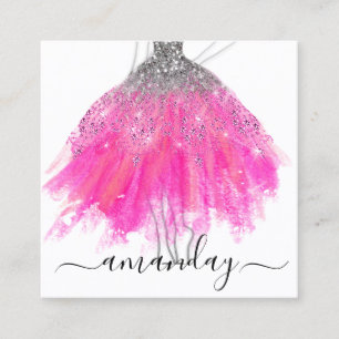 Fashion Grey Glitter Dress Logo QR Stylist Pink Square Business Card