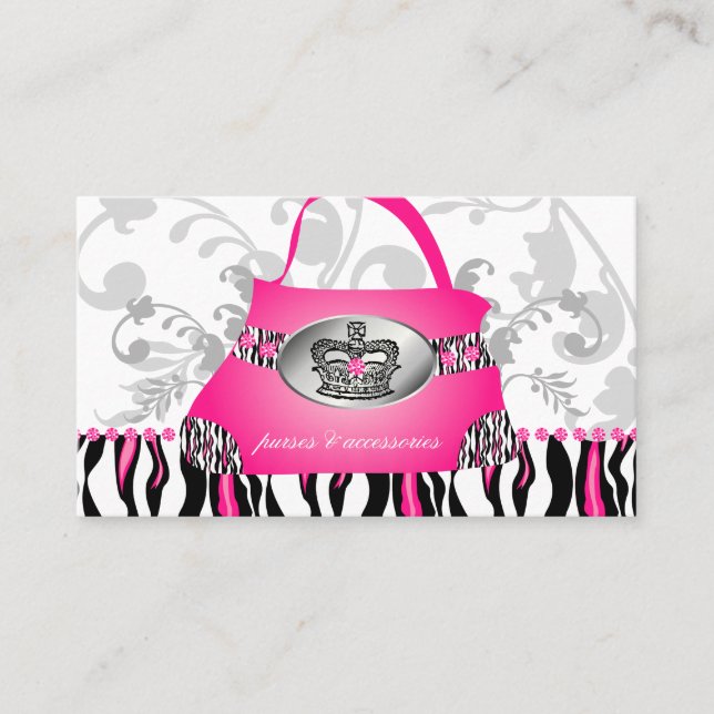 Fashion Handbag Crown Purse Pink Zebra Floral 2 Business Card (Front)