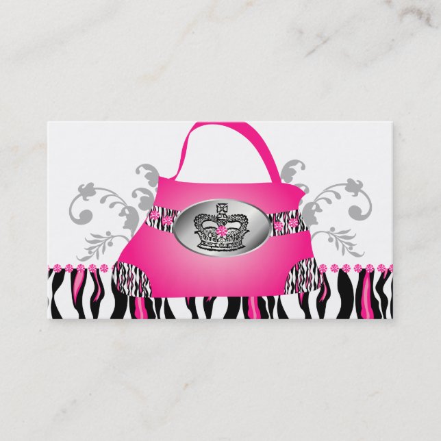 Fashion Handbag Crown Purse Pink Zebra Floral Business Card (Front)
