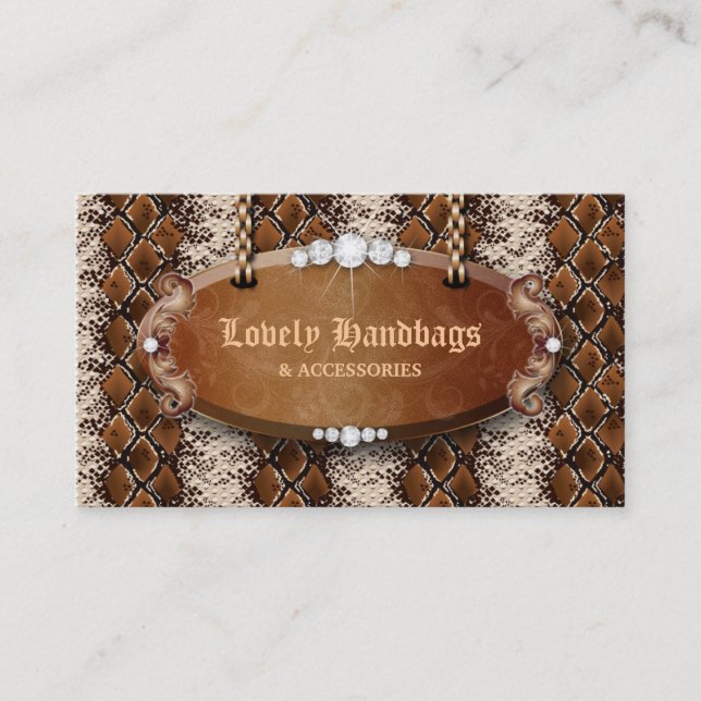 Fashion Handbag Purse Leather Snakeskin Brown Business Card (Front)