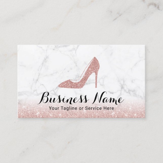 Fashion High Heels Shoes Rose Gold Glitter Marble Business Card (Front)