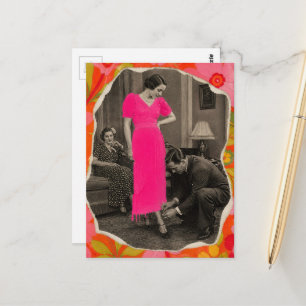 Fashion Hot Pink Dress Lady Collage Postcard