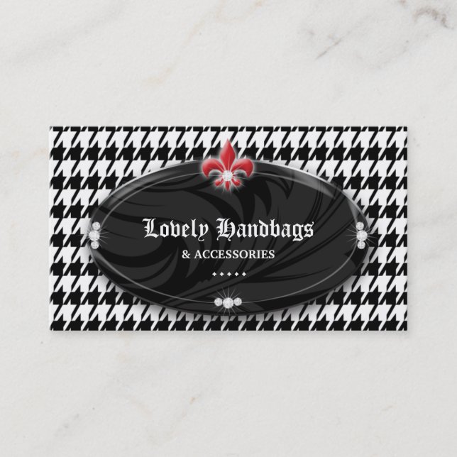 Fashion Houndstooth Fleur de lis Jewellery Black R Business Card (Front)