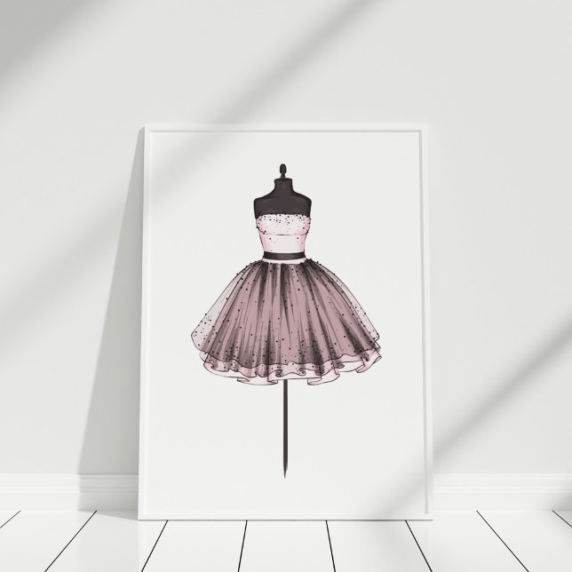 Fashion Illustration, Dress on Mannequin Poster (Fashion Illustration Dress on Mannequin Poster in white frame on white wooden floor.)