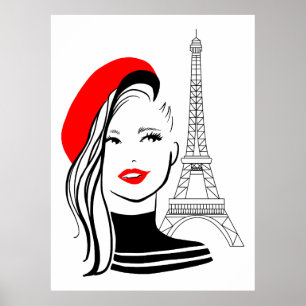 Fashion illustration french woman in red beret poster
