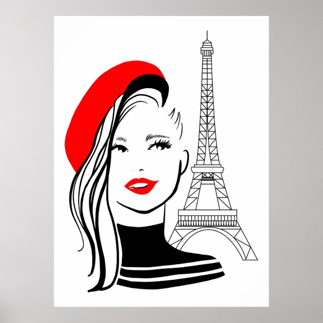 Fashion illustration french woman in red beret poster (Front)