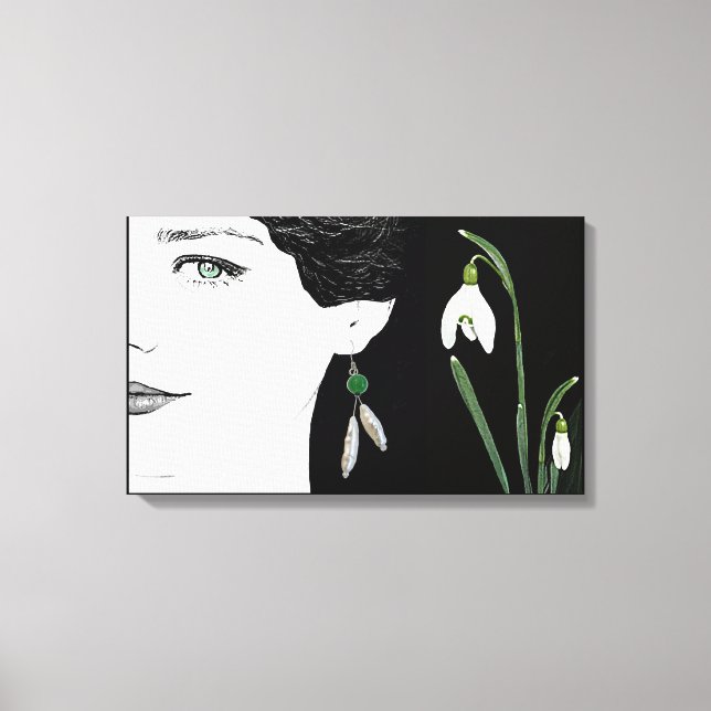 Fashion illustration girl in pearl earring floral  canvas print (Front)