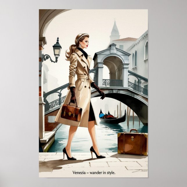 Fashion Illustration of Woman Crossing Venice  Poster (Front)