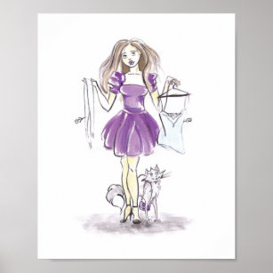 Fashion Illustration Shopping Girl Cat Watercolor Poster