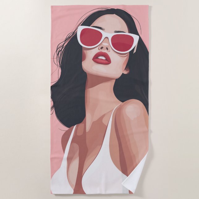 Fashion Illustration Stylish Woman With Sunglasses Beach Towel (Front)