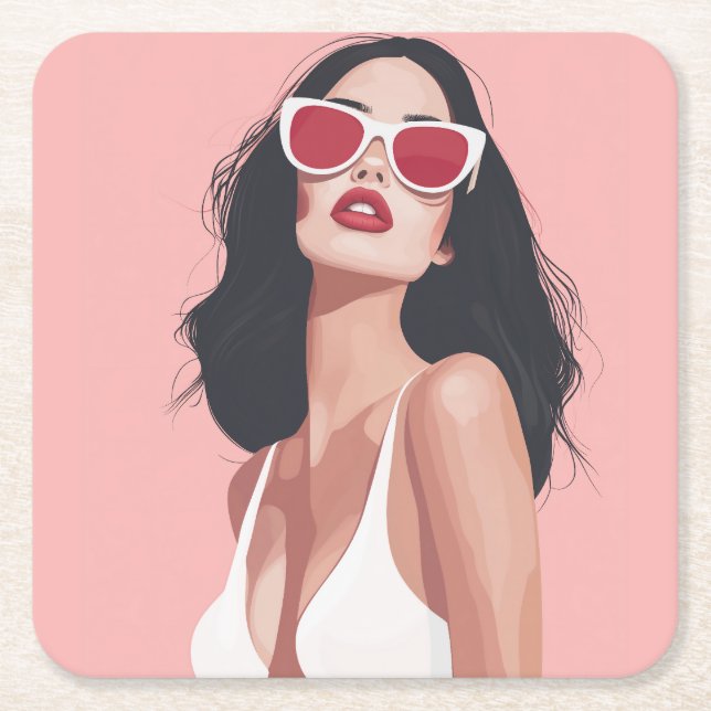 Fashion Illustration Stylish Woman With Sunglasses Square Paper Coaster (Front)