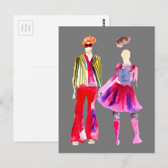 Fashion illustration watercolor boho postcard (Front/Back)