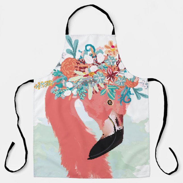 Fashion illustration with drawn pink flamingoflami apron (Front)