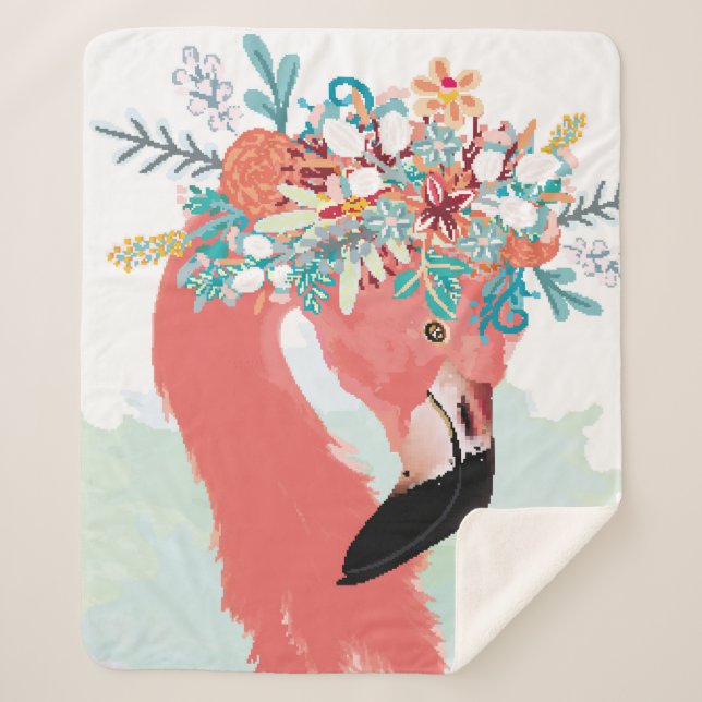 Fashion illustration with drawn pink flamingoflami sherpa blanket (Front)
