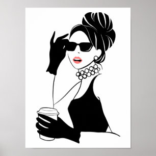 Fashion illustration woman with coffee poster