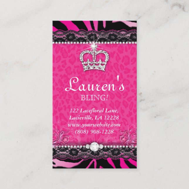 Fashion Lace Pink Crown Tiara Modern Business Card (Front)