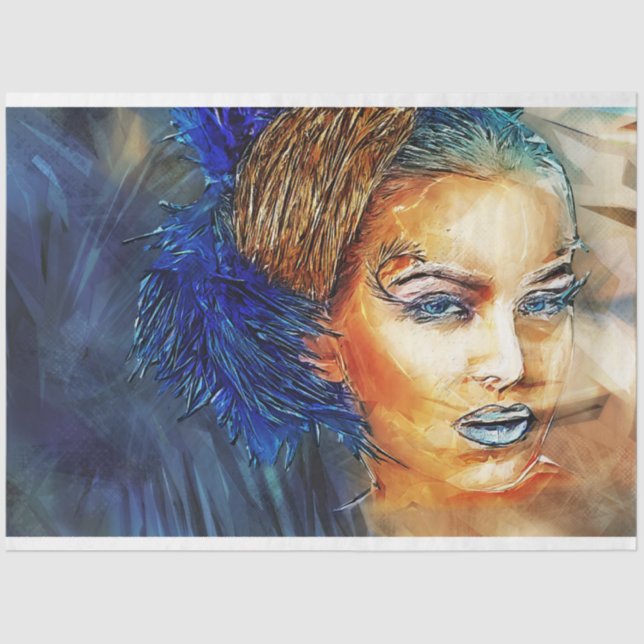 Fashion Model Face in Blue Tissue Paper (Front)