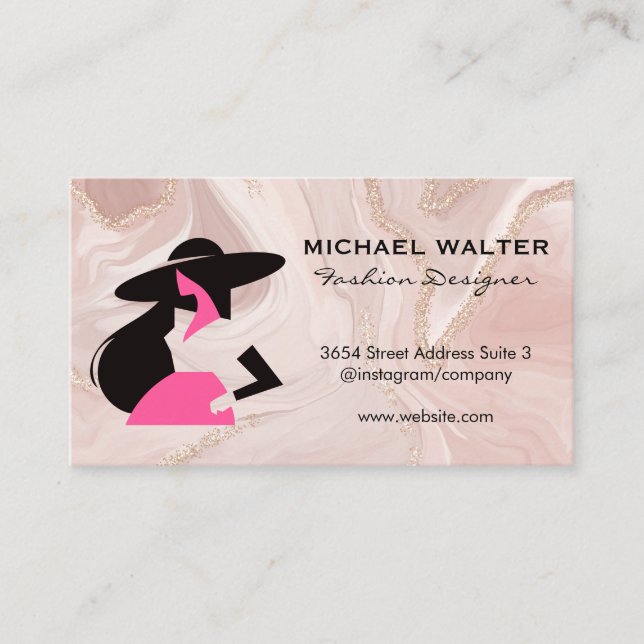 Fashion Model Logo | Pink Gold Marble Business Card (Front)